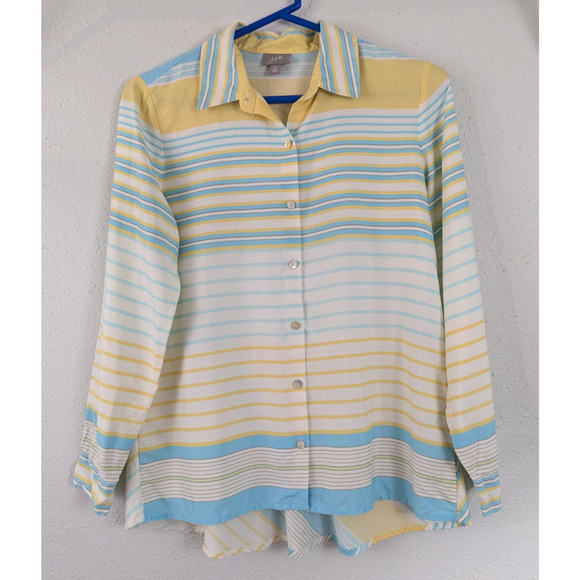J.jill sz XS 100% Silk Shirt buttons multi color stripes peplum back top 1342 - Picture 1 of 6
